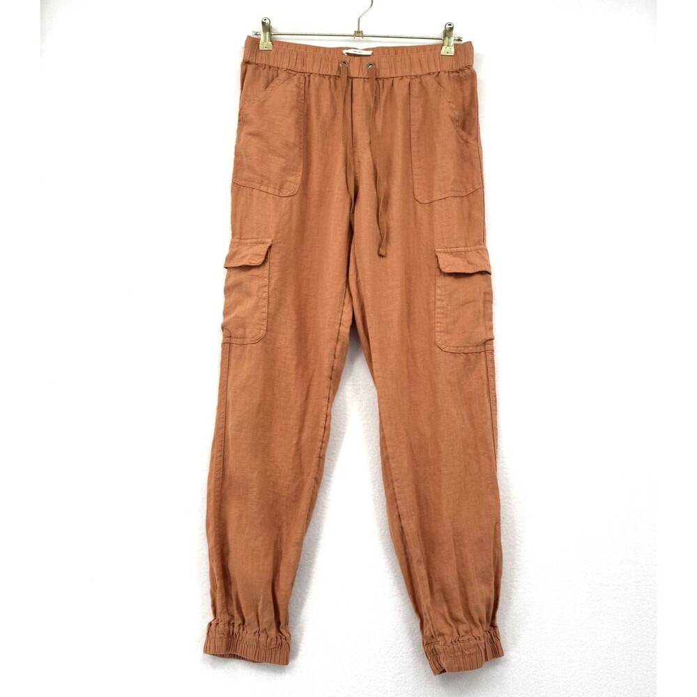 Nicole Miller Linen Cargo Jogger Pants Women M Burnt Orange Boho Resort Coastal